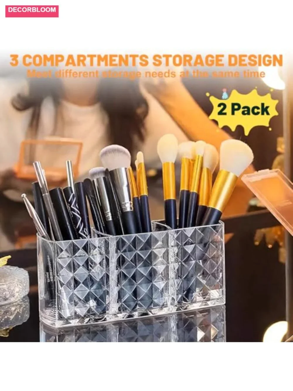 Acrylic Makeup Brush Holder 3 Compartment Cosmetic Organizer Vanity Storage